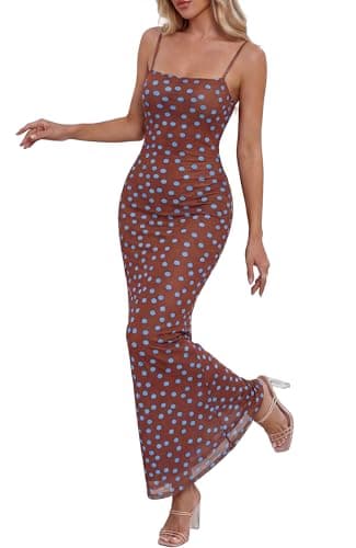 BTFBM Womens Maxi Dress 2026 Spring Floral Sexy Spaghetti Straps Sleeveless Bodycon Summer Beach Wedding Guest Dresses(Dot Coffee Blue, Large) - Image 1