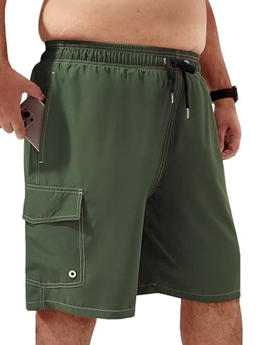 Arcweg Mens Big and Tall Swim Trunks 9" Quick Dry Swim Shorts with Compression Brief Liner Cargo Pocket Bathing Suits Borard Shorts for Men Pluse Size XL-6XL Army Green - Image 1