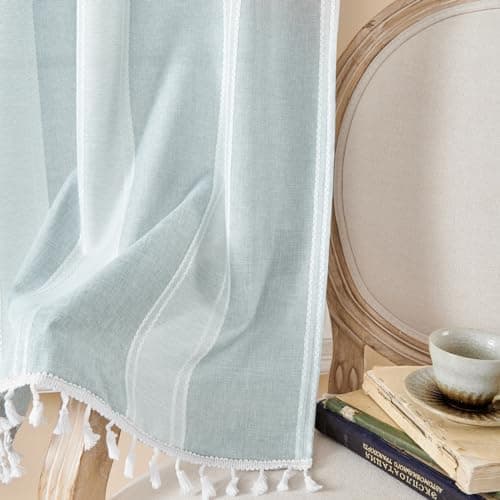Home Queen Boho Striped Linen Window Curtain Valance with Tassel for Kitchen Bedroom Bathroom Farmhouse Curtain Valence Light Filtering Curtain Topper, 54W x 18L, Blue Gray - Thumbnail 6