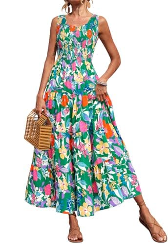 PRETTYGARDEN Sleeveless Smocked Dress Women Square Neck High Waist Floral Summer Wedding Guest Dresses for Women 2026 (Green Orange Flower, Small) - Image 1