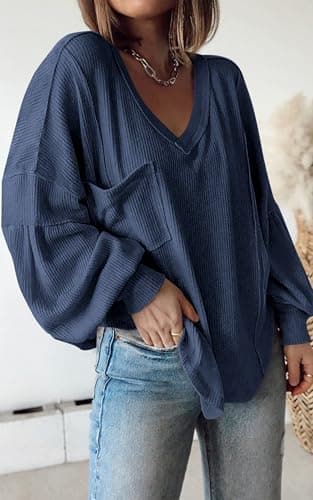 BTFBM Womens Fall Fashion 2026 Long Sleeve Shirts Casual V Neck Ribbed Knit Blouses Pullover Trendy Loose Fit Tunic Tops(Solid Blue, Small) - Thumbnail 2
