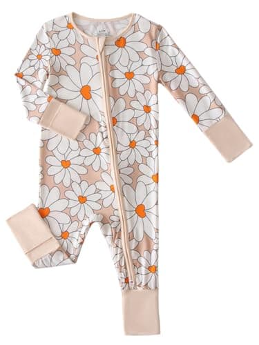 Joonberry Unisex Baby Bamboo Viscose Long Sleeve Romper, Cute Prints Zipper Footless Jumpsuit, Toddler One-Piece Outfits (Large Floral, 1-3M) - Image 1