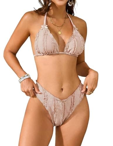 seamoly Women's Resort Triangle Bikini Halter Neck Ruffle Bowknot High Cut V-Waist Back Tie Swimwear Light Pink - Image 1