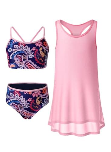 blibean Tween Girls Swimsuit Teen 3 Piece Bathing Suit with Cover Up Big Kids Cute Bikini Set Mesh Tankini Top Summer Boho Floral Swimwear Beach Traje Baño Niñas Size 12-13 Year Old Navy Blue - Image 1