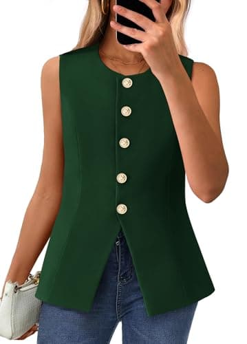 BTFBM Summer Sleeveless Blazer Vest For Women Dressy Button Down Round Neck Business Casual Outfits Work Suit Vests Tops(Dark Green, Large) - Image 1