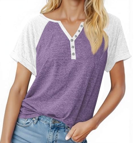 MaQiYa Womens Henley V Neck Raglan Short Sleeve T Shirts Color Block Casual Cotton Tees Shirts Tops - Image 1