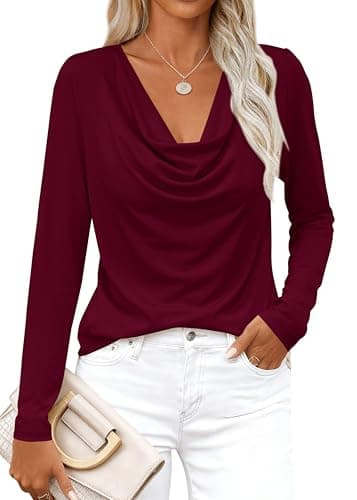 PRETTYGARDEN Womens Spring Tops 2026 Dressy Cowl Neck Long Sleeve Shirts Loose Business Casual Blouses Teacher Tunic Top(Burgundy,X-Large) - Image 1