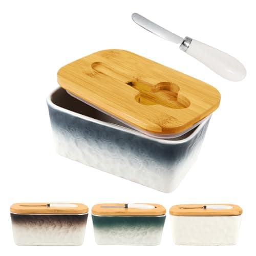 GLAVIONIX Butter Dish with Lid, 6.5" Large Butter Container for Countertop, Ceramic Blue Butter Keeper Container with Knife, Bamboo Cover and High-Quality Silicone Sealing for Home Decor Kitchen - Image 1