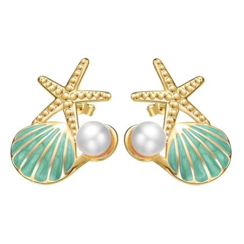 Stainless Steel Starfish & Seashell Earrings for Women | Elegant Pearl Drop Dangle Earrings with Starfish Top, Hypoallergenic Beach Vacation Jewelry | Summer Tropical Outfits, Dresses Trendy 2026 Fashion Accessories (Light Blue) - Image 1