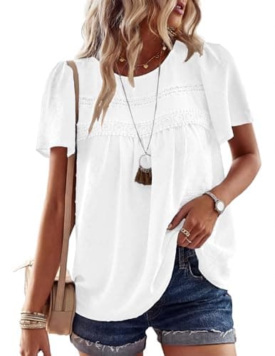 Totatuit Boho Tops for Women Chiffon Casual Short Sleeve Shirts Flowy Lace Hem Blouse Crewneck Tunic Top White - Image 1