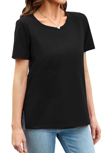 Herou Side Split Tops for Women Casual Summer Short Sleeve Crewneck T-Shirts Tees Black Large - Image 1