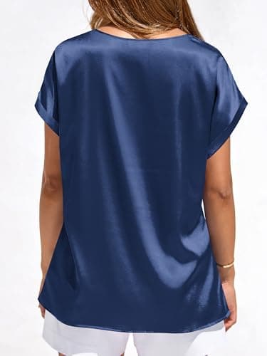 BTFBM Womens Summer Tops Satin Blouses Dressy Casual Loose Crewneck Short Sleeve Shirts 2026 Work Business Outfits(Dark Grey Blue, Large) - Thumbnail 3