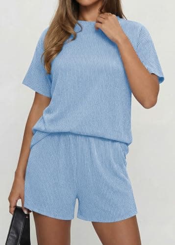 KIRUNDO 2 Piece Sets for Women Summer Shorts Lounge Set Matching Ribbed Knit Short Sleeve Top Airport Travel Vacation Outfits(Light Blue, X-Large) - Thumbnail 4
