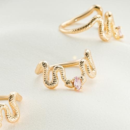 Valloey Rover Gold Rings for Women 14K Gold Plated Engagement Rings Pink Cubic Zirconia Fake Wedding Rings for Women Two Snake V Shaped CZ Rings Gold Jewelry Size 6 - Thumbnail 5