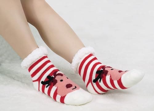BenSorts Girls Boys Slipper Socks Child Warm Fuzzy Soft Fleece Lined Plush Thick Sherpa Winter Kids Socks Stripe Reindeer 8 9 10 11 12 Years - Thumbnail 5