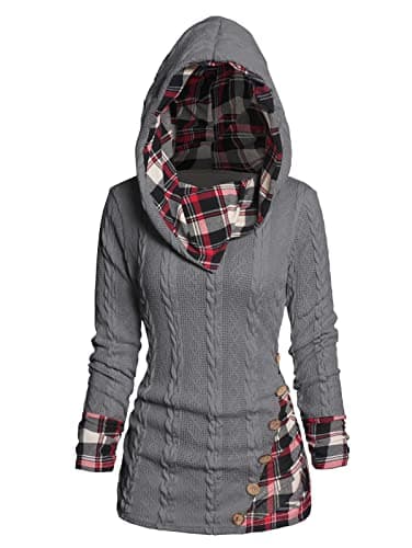 ZEZCLO Women's Twisted Cable Knit Mock Button Ruched Shawl Neck Knit Top Plaid Print Hooded Sweater Gray - Thumbnail 2