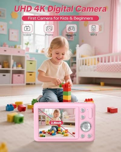 W & O Digital Camera,Kids Camera,Point and Shoot Digital Cameras for Kids,with 2.8" LCD Screen,64MP,16X Zoom,Built-in Game & SD Card for Boys & Girls(Sakura Pink) - Thumbnail 2