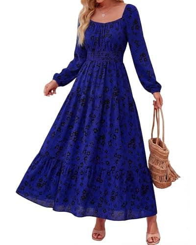 BTFBM Long Sleeve Dress for Women 2026 Spring Fall Boho Floral Square Neck Casual Flowy Long Wedding Guest Maxi Dresses(Floral Blue Black, Small) - Image 1