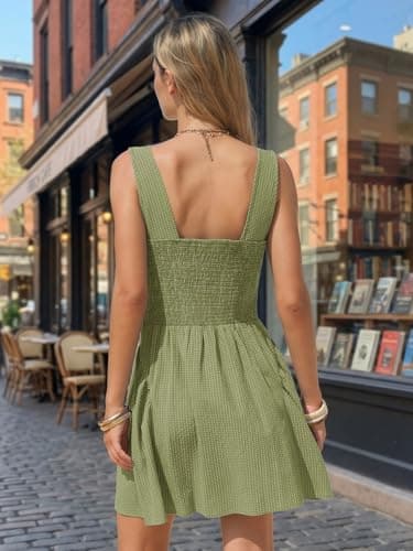 EXLURA Womens Summer Casual Cotton Gingham Dresses Back Elastic Waist Sleeveless Faux Linen Elegant Mini Short Beach Dress Green - Thumbnail 5