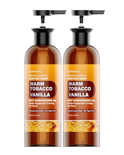 FLOWHYET Men’s Natural Tobacco Vanilla Castile Soap Liquid Body Wash, Hydrating Plant-Based Shower Gel with Organic Olive, Coconut & Jojoba Oils, Gentle Peppermint Cooling, 16 Fl Oz, 2 Pack