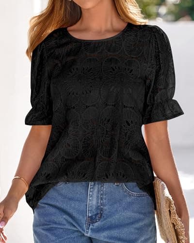 KIRUNDO Lace Tops for Women Blouses Dressy Casual Boho Eyelet Puff Short Sleeve Shirts Spring Summer Clothes Vacation Outfits(Black, Medium) - Thumbnail 3