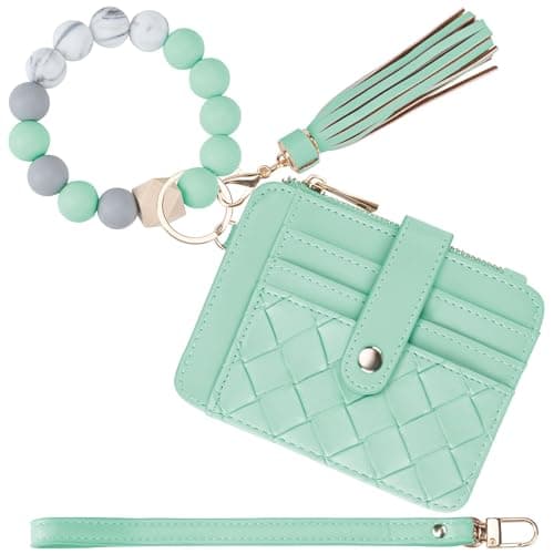 Airkit Wristlet Wallets for Women, Keychain RFID Blocking Credit Card Holder, Small Girly Wallet with Bracelet, Silicone Beaded Tassel Key Ring Card Holder, Green - Image 1