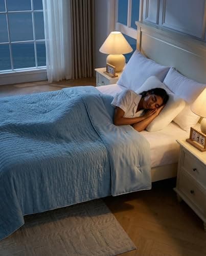 Cooling Comforter, Dual-Sided Seersucker & Q-Max>0.4 Cooling Blanket, Breathable Fabric for Hot Sleepers Night Sweats Menopause & Sensitive Skin, All Season Pet Friendly, Blue, Twin 60"x80" - Thumbnail 6