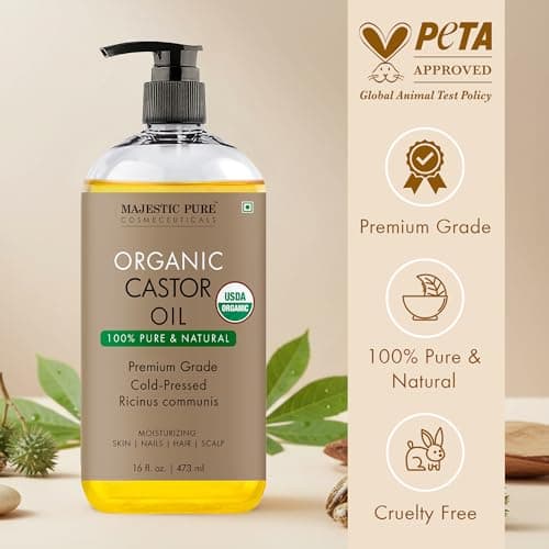Majestic Pure Organic Castor Oil 16 Fl Oz - 100% Pure and Natural - Premium Grade Carrier Oil - Hair, Eyelashes and Eyebrows - Hair Oil and Body Oil - Expeller Pressed - Hexane Free - Thumbnail 2