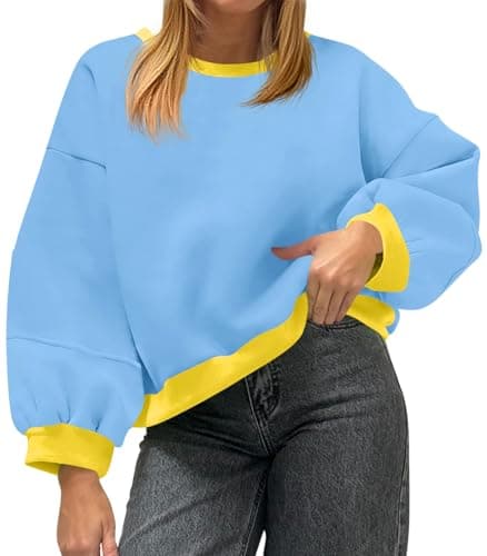 Fisoew Womens Oversized Sweatshirts Crewneck Long Sleeve Pullover 2025 Cute Color Block Casual Fleece Y2k Cropped Tops Sky Blue - Image 1