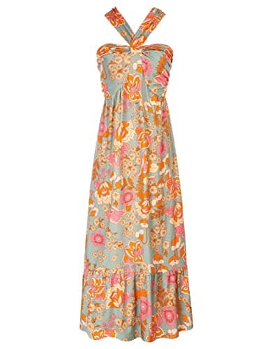 2024 Women Floral Halterneck Summer Dress A Line Flowy Maxi Dresses Greygreen XL - Image 1