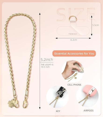 ROCONTRIP Metal Phone Lanyard with Gold Chain Detachable Phone Chain Wristlet with 2 Tether Tabs Universal iPhone Wrist Strap Premium Metal Buckles,Non-Rust,Unbreak iPhone Wristlet For Travel Shopping - Thumbnail 3