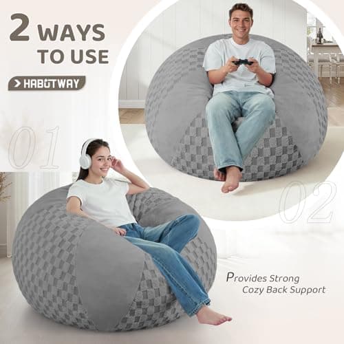 HABUTWAY 4FT Bean Bag Chair Teardrop Beanbag Chair with Memory Foam Filled Soft Plush Leaf alongside Checkboard Bean Bag Sofa with Removable Cover for Living Room,Bedroom-Plush Light Grey - Thumbnail 4
