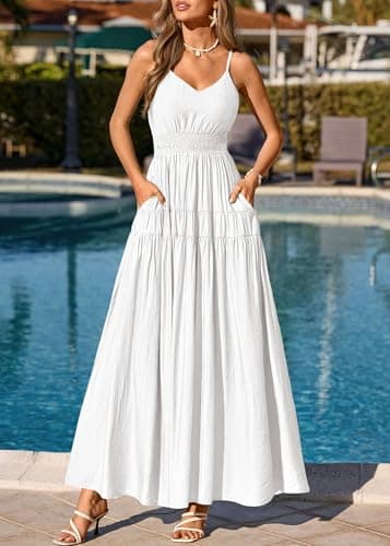 KIRUNDO Summer Dresses for Women Spaghetti Strap Sleeveless High Waist Flowy Boho Maxi Dress Beach Vacation Long Sundress(White, XX-Large) - Thumbnail 3