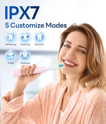 Bymore Electric Toothbrush for Adults,Travel Sonic Toothbrush with 8 Replacement Heads, Ultra Clean RechargeableToothbrush Portable One Charge for 330days 5 Modes 2mins Timer-Light Pink - Thumbnail 6