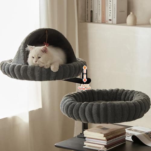 Dogpals 2-in-1 Cat Desk Bed: 360° Rotating & Height Adjustable Cat Tree with Semi-Enclosed & Open Layers, No-Drill Clamp for Desk up to 1.18" Thick, Supports 9lbs for Office, Grey - Image 1