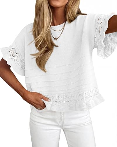 KIRUNDO Short Sleeve Sweater for Women 2026 Spring Summer Tops Crochet Round Neck Ruffled Hem Knit Pullover Casual Blouse(White, X-Large) - Image 1