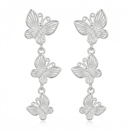 Butterfly Drop Earrings for Women, Lightweight Silver Dangle Earrings Minimalist Long Chain Design, Elegant Jewelry for Daily Wear, Wedding, Gift for Her - Image 1