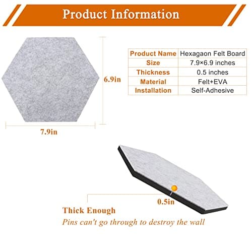 HULAVO 8Pcs Hexagon Felt Cork Board Tiles, Self Adhesive DIY Bulletin Board Pin Board for Office School Home Wall Decor Stickers Memos Photos Display (Black) - Thumbnail 6