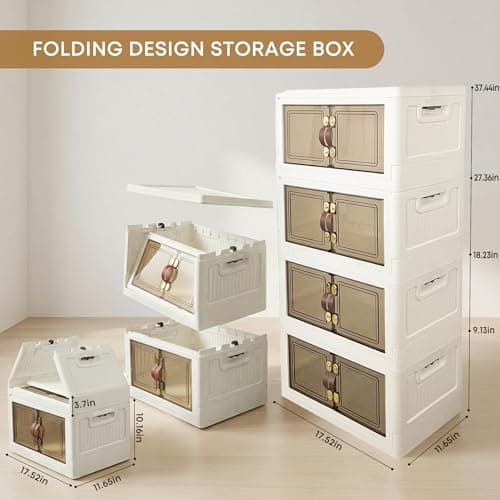 MOONEDGE 140QT Stackable Plastic Storage Bins with Lid & Handles, Foldable Collapsible Closet Organizer with Magnetic Doors and Side Locking, 4 Tier for Living Room, Office, Garages - Thumbnail 5