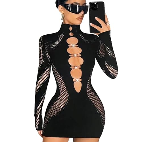 Linzdvay Sexy Long Sleeve Club Outfits for Women, High Neck Bodycon Mini Going Out Dresses Hollowed Out Rhinestone Tight Short Birthday Party Dress Black Valentine 2026 - Image 1