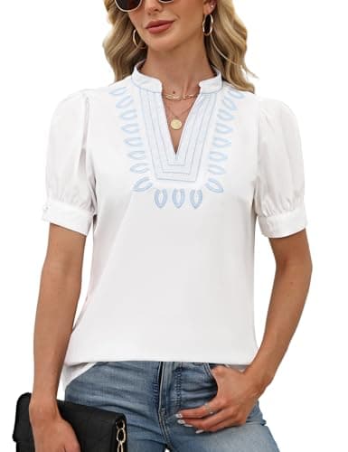 CiCiBird Womens Dressy Casual Blouses Boho Embroidered Shirts Work Business Top Trendy Vacation Clothes White L - Image 1