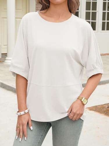 Tankaneo Womens Oversized Half Sleeve T Shirts Summer Casual Crew Neck Baggy Tunic Tops Loose Fit Tees White - Thumbnail 3