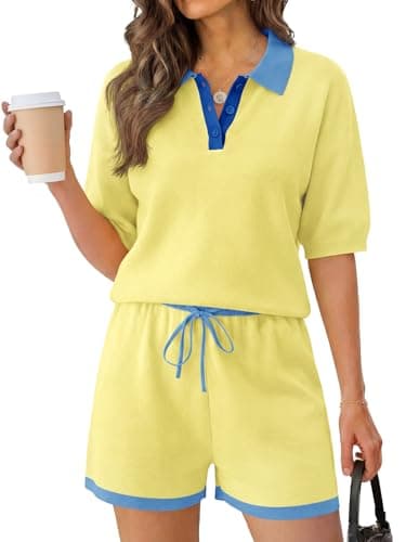 Tankaneo Womens 2 Piece Sweater Short Sets 2026 Summer Vacation Outfits Short Sleeve Knit Collared Tops Matching Lounge Set - Image 1