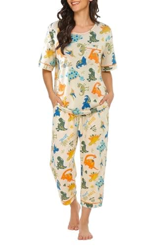 LovinPet Womens Pajama Set, Pajamas for Women, 2 Piece Short Sleeve Crew Neck Sleepwear with Capri Pants & Pockets, Soft Dinosaur Print Lounge Set for Home Travel, Orange, 2XL - Image 1
