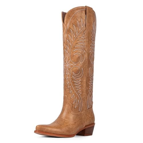 Modatope Tan Cowgirl Boots for Women Knee High Western Boots Embroidered Cowboy Boot Pointed Toe Chunky Heel Pull On Wide Calf Tall Boots Size 6.5 - Image 1