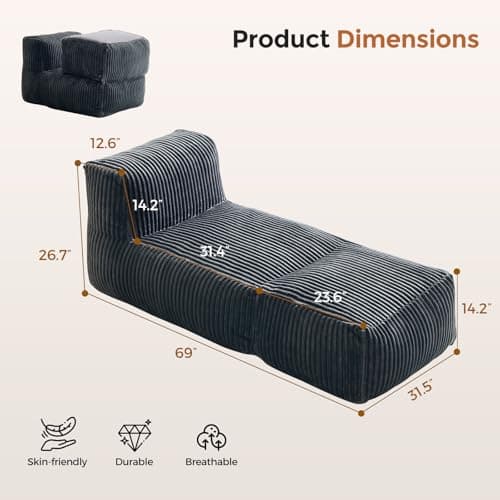 Ayovoch Bean Bag Chair for Adults, Giant Bean Bag Chair with Washable Cover, Comfy Corduroy Bean Bag Lounger with Ottoman, Memory Foam Filled Bean Bag Sofa for Living Room, Bedroom, Balcony, Gray - Thumbnail 2