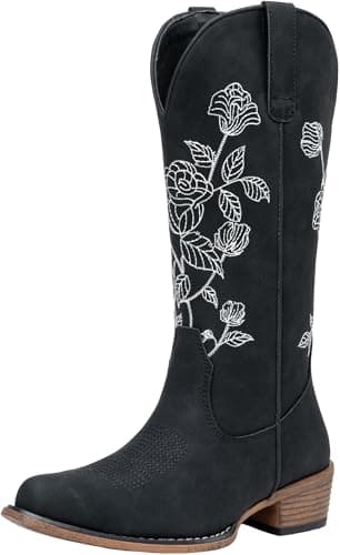 Jeossy Women's Black Western Cowboy Boots Mid Calf Embroidery Flower Cowgirl Boots with Low Heel Side Zipper 9807 Comfy Round Toe Country Music Festival Music Rodeo, Size 6(DJY9807 Black 06) - Image 1