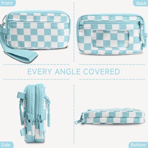NBERMOTION Checkered Nylon Wristlet Wallets for Women RFID Blocking Purse With Credit Card Holder & Crossbody Strap(Ice Blue) - Thumbnail 5