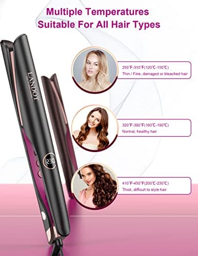 LANDOT 2-in-1 Hair Straightener Curling Iron - Twist Floating Plates for Curl & Straight, Anti-Frizz & Tangle-Free, Dual Voltage Adjustable Temp 250-450°F for All Hair Types - Thumbnail 5