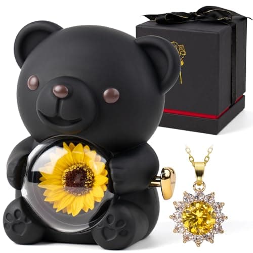 mountova Gifts for Women Birthday Valentines Day, Lucky Sunflower Bear with Necklace & Gift Box for Mom Daughter Sister, Anniversary Wedding Gift for Wife Girlfriend, Surprise Jewelry Box, Black - Image 1